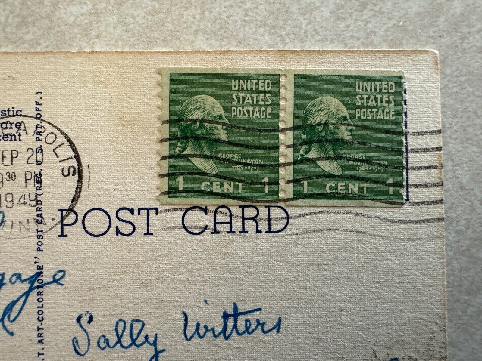 Vintage Minneapolis Postcard Green Right Facing George Washington 1 Cent Stamp