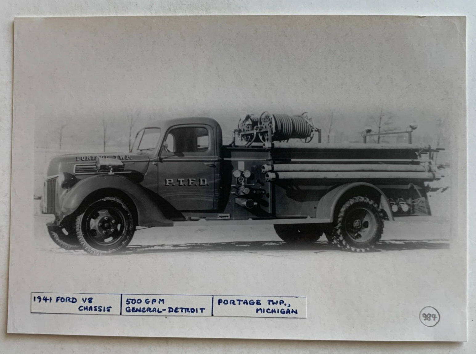 Vintage Fire Engine Truck 3x5 B&W Photo Portage Twp Michigan FD General Detroit