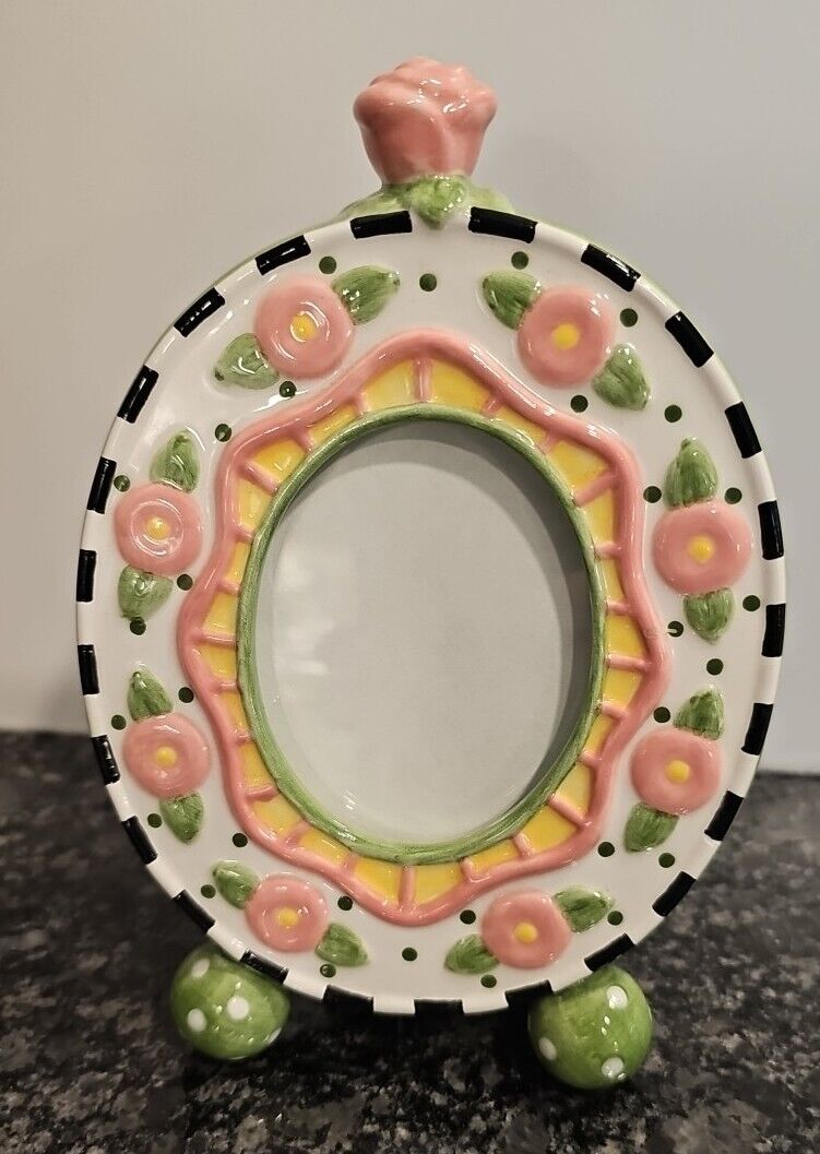 Mary Engelbreit Oval Rose Desktop Picture Frame Pre-owned 2000 Green & Pink