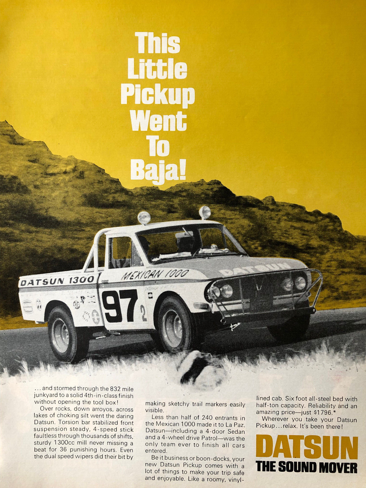 Vintage 1969 Datsun Pickup truck Baja Racing original color ad IP105