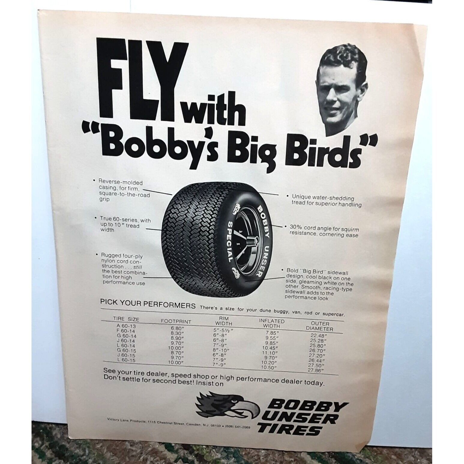 Vintage 1973 Bobby Unser Tires Print Ad Original