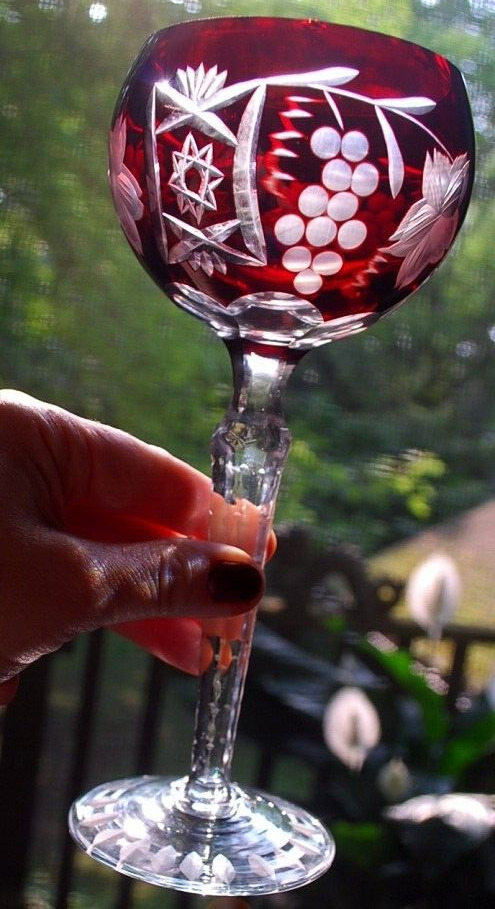 Vintage Ruby Red TALL HOCK WINE GLASS Cut To Clear Grapes 8.25\