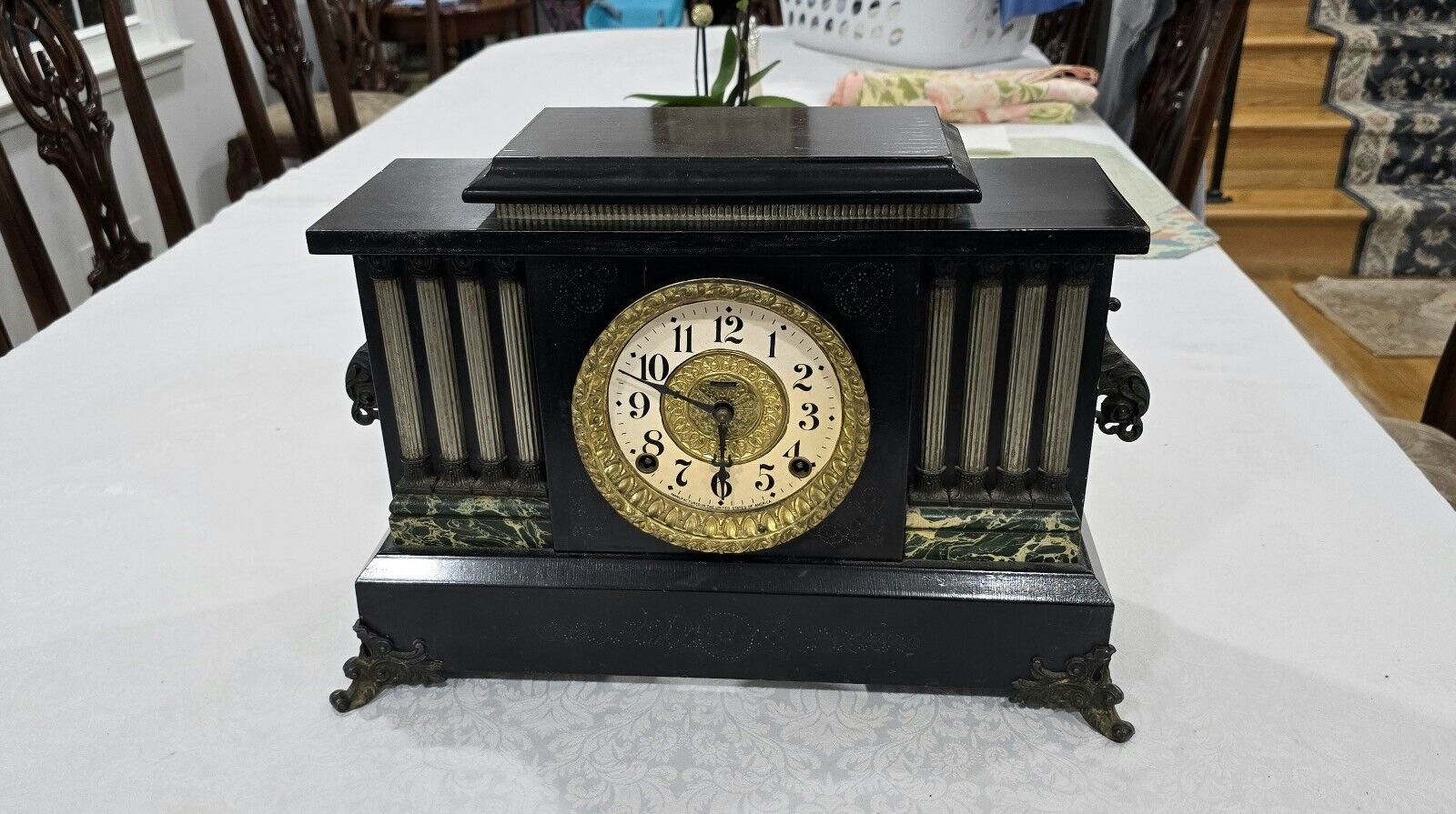 Antique E Ingraham 8 Day Mechanical Black 8 Pillar Mantle Shelf Gong Chime Clock