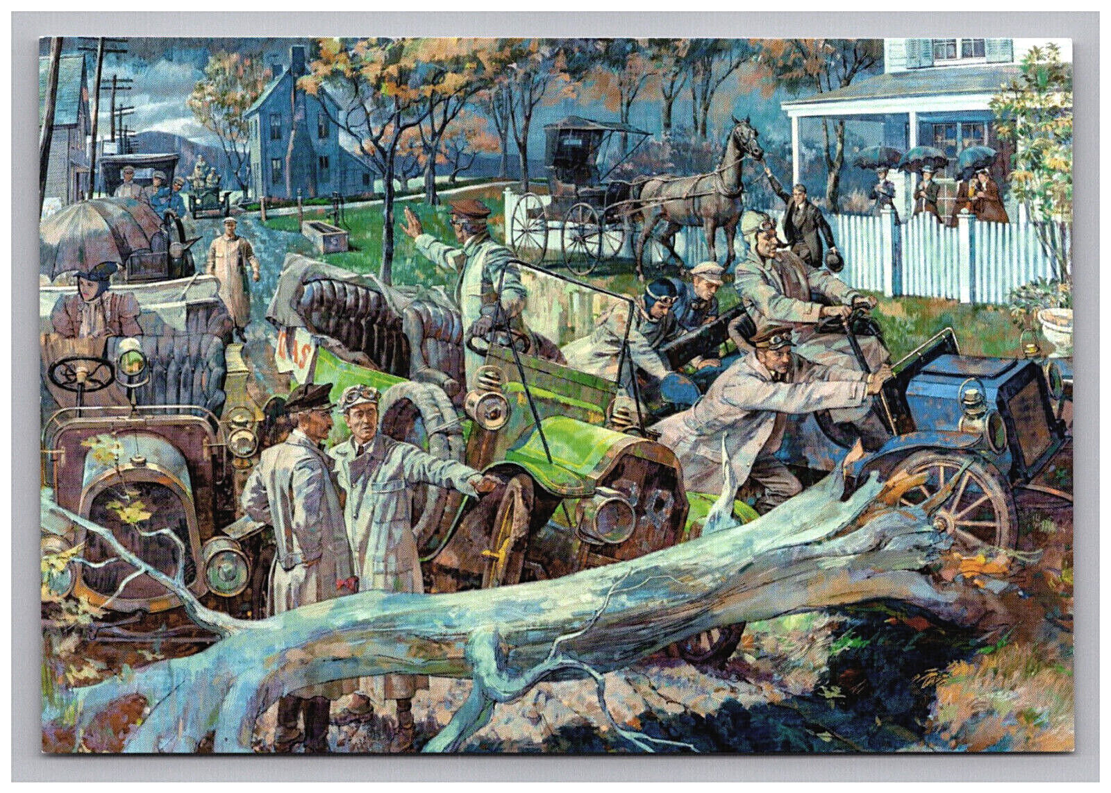 Postcard Classic Cars Men Fallen Tree Horse Buggy View Art Reprint              