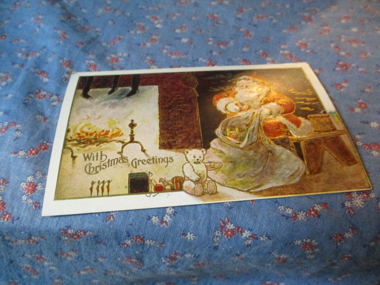 Old Postcard 1909 Madison Wis With Christmas Greetings Santa Claus by Fire Toys
