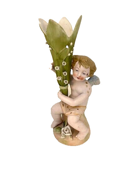 Antique Paulux Japan bisque porcelain cherub ANGEL figurine VASE LILY VALLEY 7\