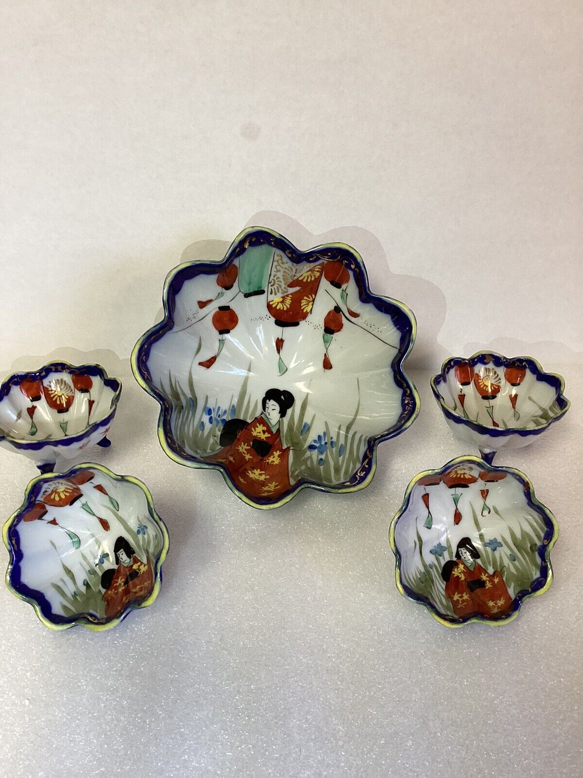 Set Of 5 Rice & Dipping Bowls Geisha Girls & Japanese Lanterns Footed Porcelain