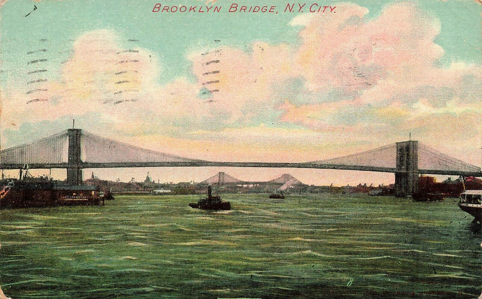 1910\'s NYC Postcard Boats under Brooklyn Bridge, New York City NYC245