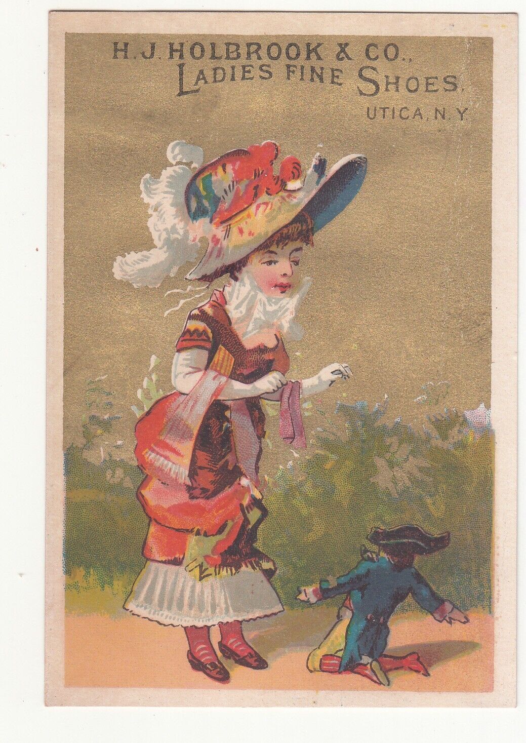 H J Holbrook Ladies Shoes Colonial Man Doll on Knees Girl Hat Vict Card c1880s
