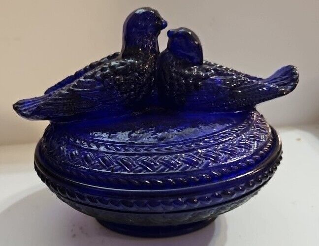Mosser Glass Vivid BLUE Candy Bowl Covered Dish Nesting Love Birds