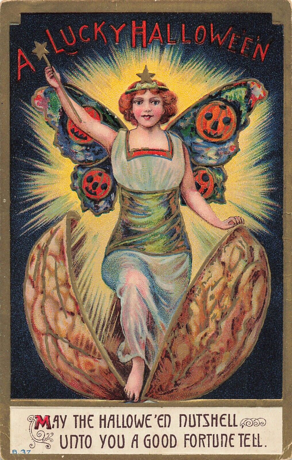 Rare Halloween Postcard 1911 Dehli NY Lucky Nutshell Jack o lantern fairy witch