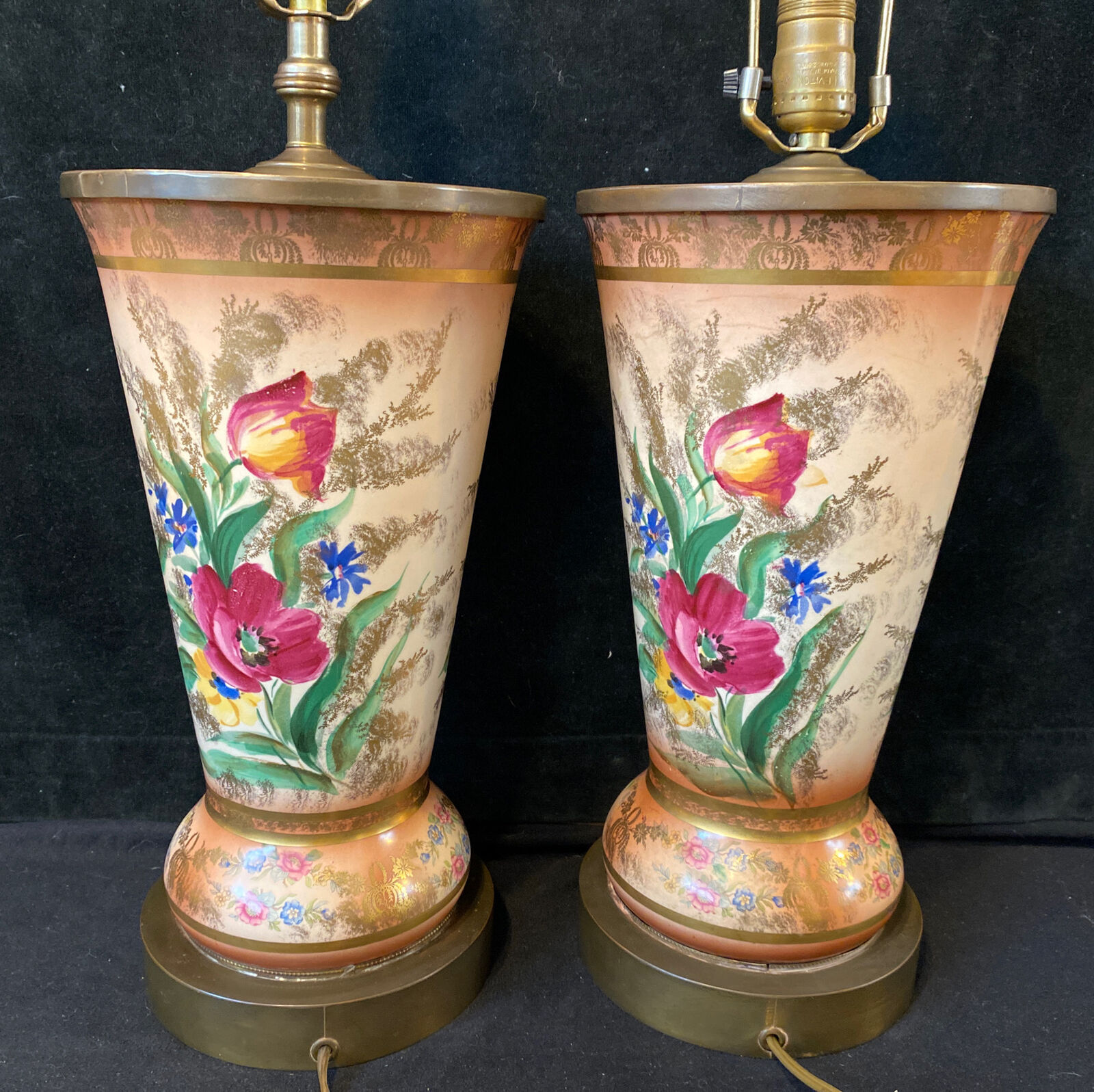 Antique Vintage 1920s Hand Painted Porcelain Vases Table Lamps Pair