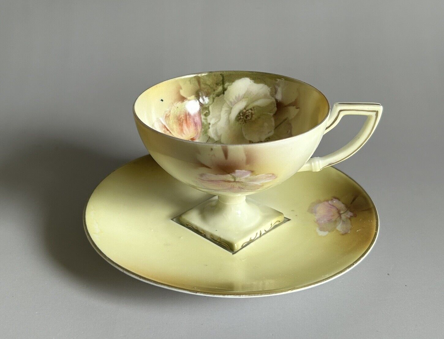 Antique RS Prussia Porcelain Pedestal Cup And Saucer Flowers Gold Germany