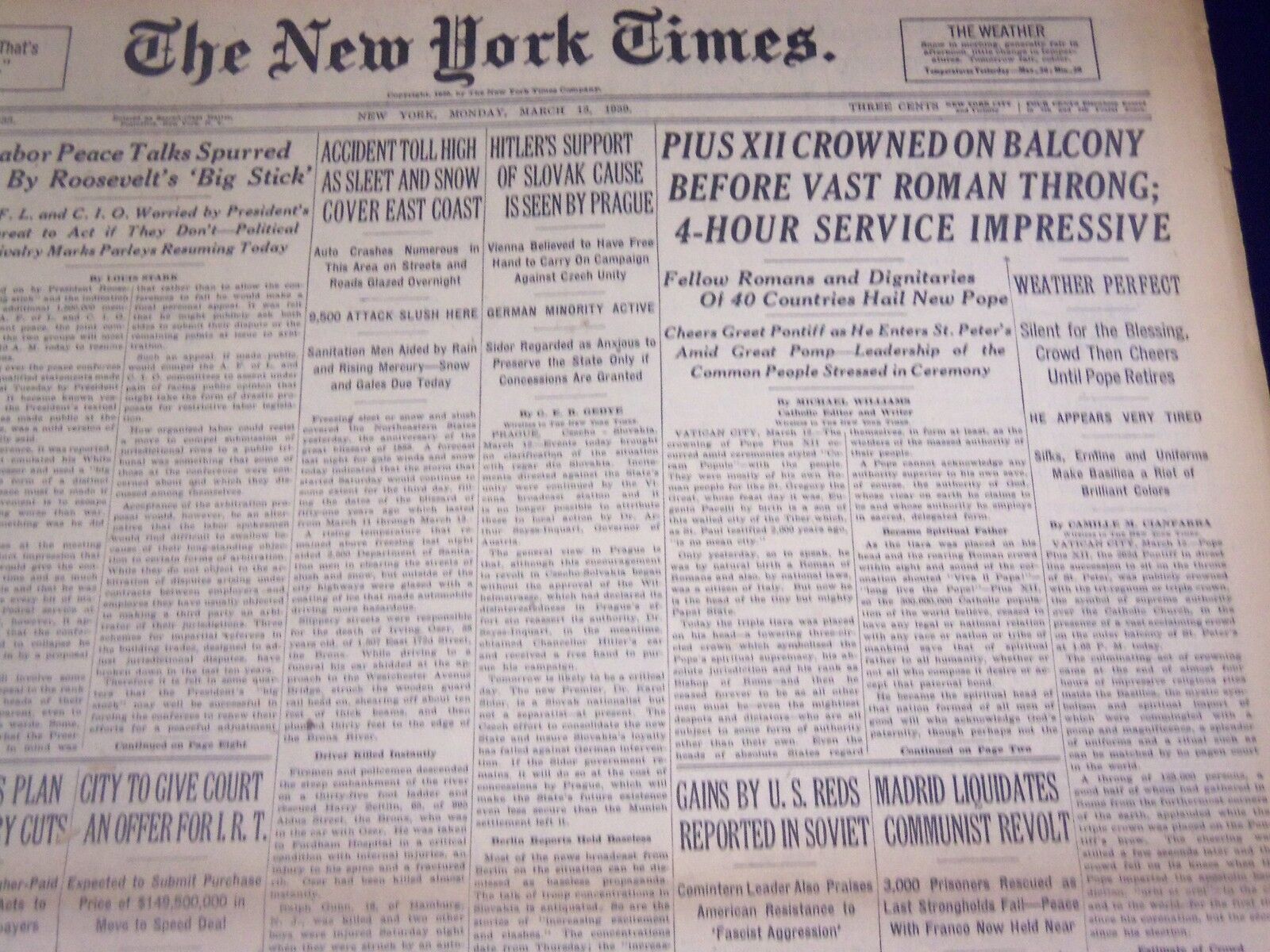 1939 MARCH 13 NEW YORK TIMES - PIUS XII CROWNED - NT 3675