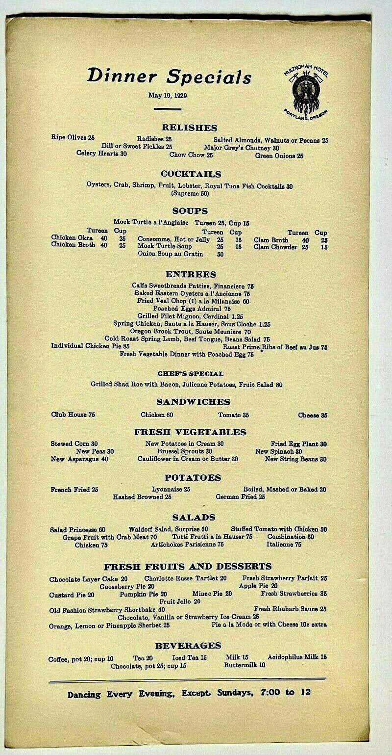 1929 Multnomah Hotel Portland Oregon Restaurant Dinner Menu Card May 19th Vtg OR