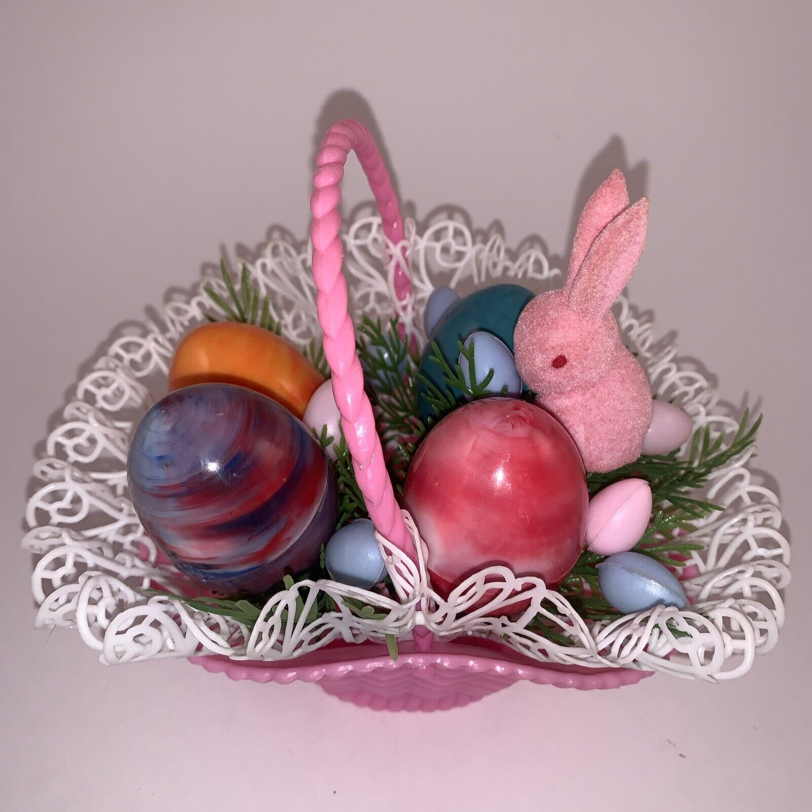 Vintage Easter Basket Scene Plastic Lace Bunny Eggs 7” Kitsch Collectible