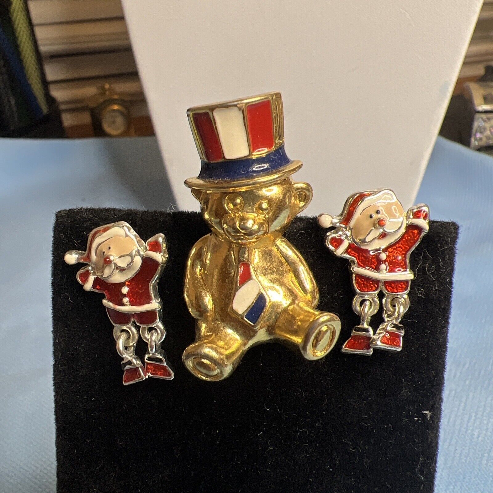 Vintage Patriotic Red White & Blue Flag Teddy Bear Lapel Pin And Santa Earrings