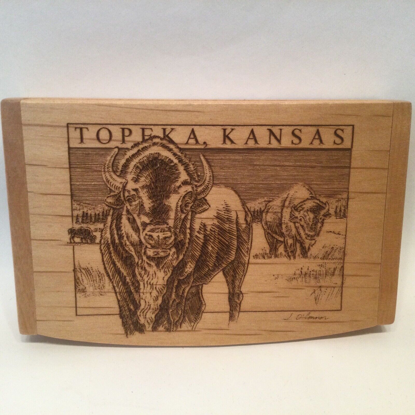 Topeka Kansas Souvenir Box Travel Dominos Buffalo Wood Burned J O’Connor 5”
