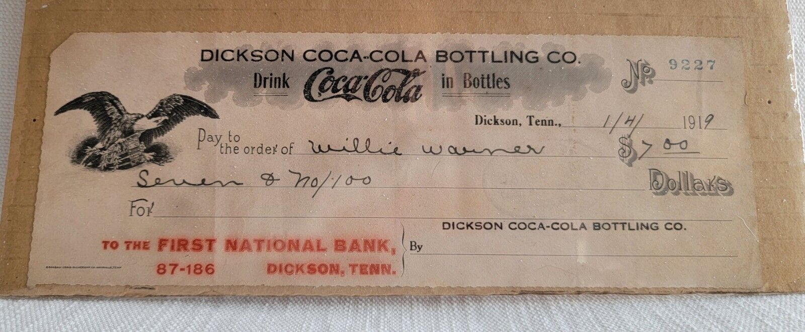 Rare Coca-Cola, Bottling Company Check  (Scarce/Antique) 1919