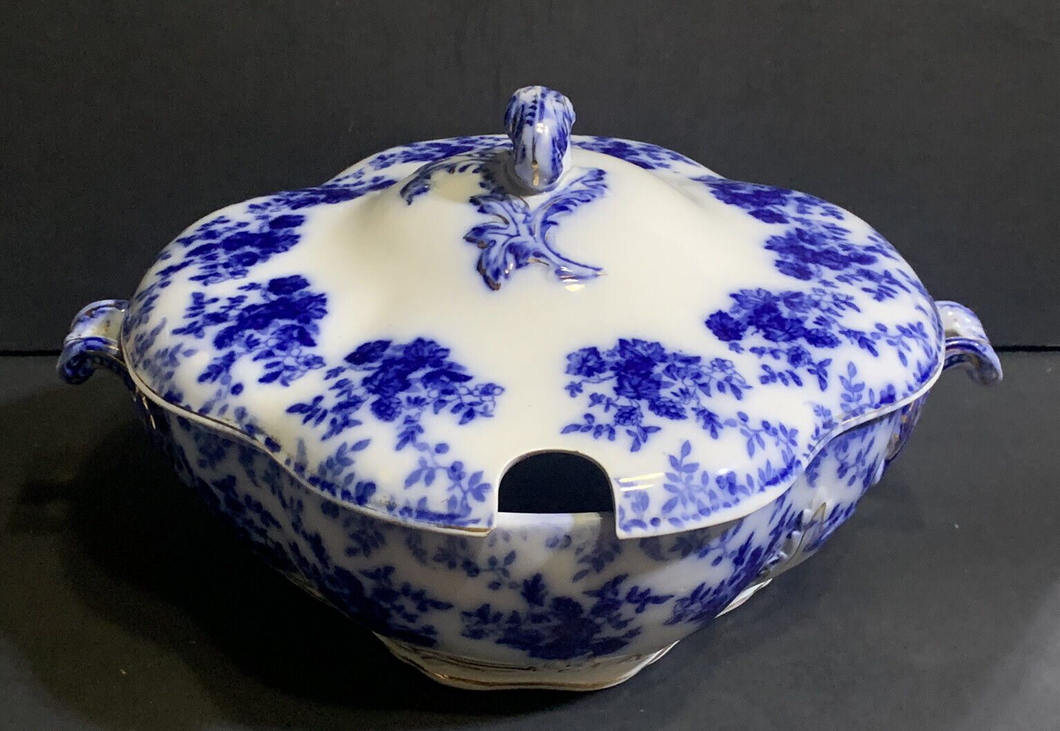 ANTIQUE 1905 Victorian Flow Blue RIDGWAYS England LADAS Porcelain SOUP TUREEN