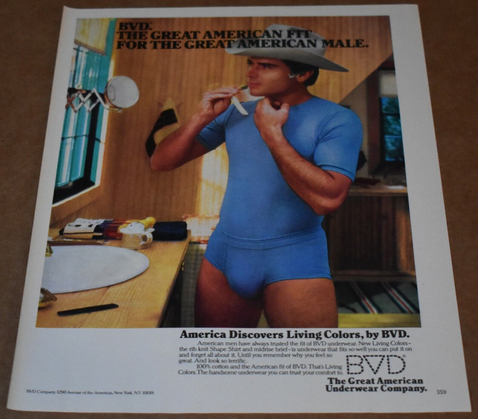 1981 Print Ad BVD Great American Underwear Company Man Cowboy Shave hat mirror