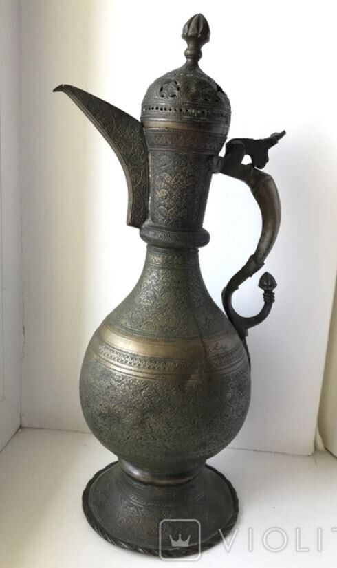 Antique Coffee Pot Ewer Jug Pitcher Arabic Islamic Etched Copper Marked Old 19th