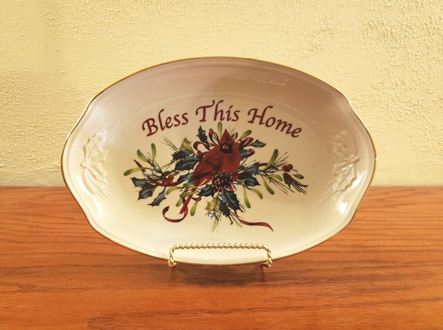Vintage Red Cardinal Lenox Platter Tray Bless This Home Winter Greetings McClung