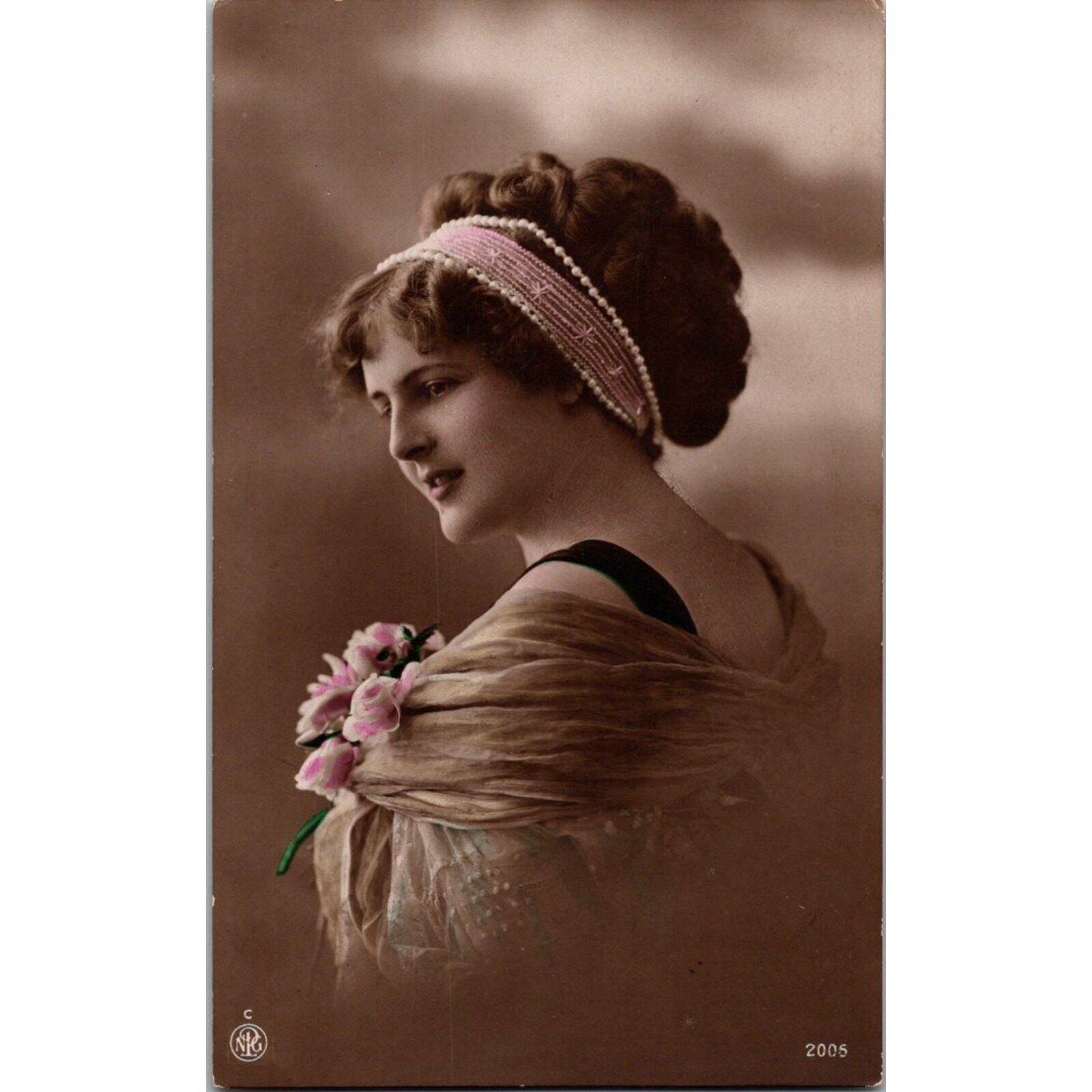 Vintage Edwardian Postcard Beautiful Woman Pink Headband Pearls 1900\'s Tinted