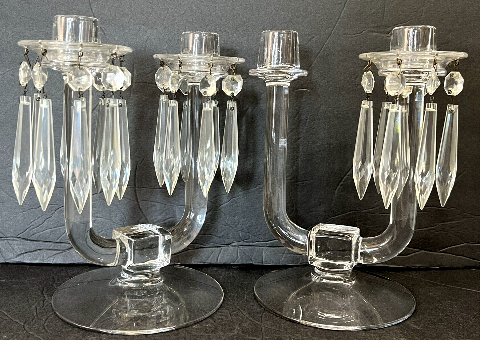 PAIR GLASS CANDELABRA CANDLESTICK HOLDERS W/BOBECHES AND PRISMS VINTAGE BAROQUE