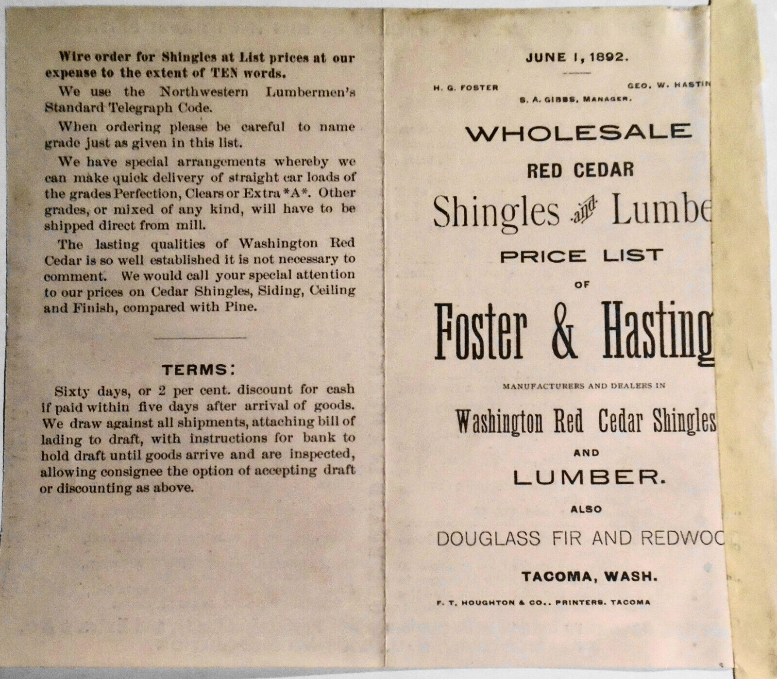 1892 Foster & Hastings, Tacoma WA - Price List for Wholesale  Shingles & Lumber