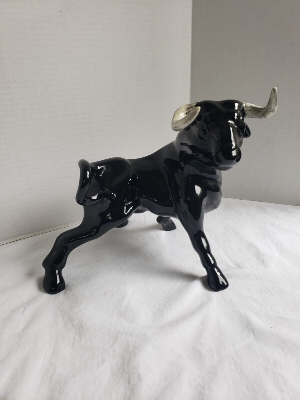 1950\'s Ceramic Black Bull Figurine with White Horns #OSSH