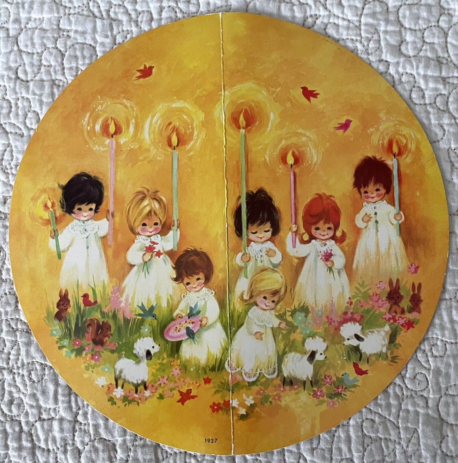 Unused Christmas Angels Candles Round Circle Fold Vtg Greeting Card 1960s 1970s