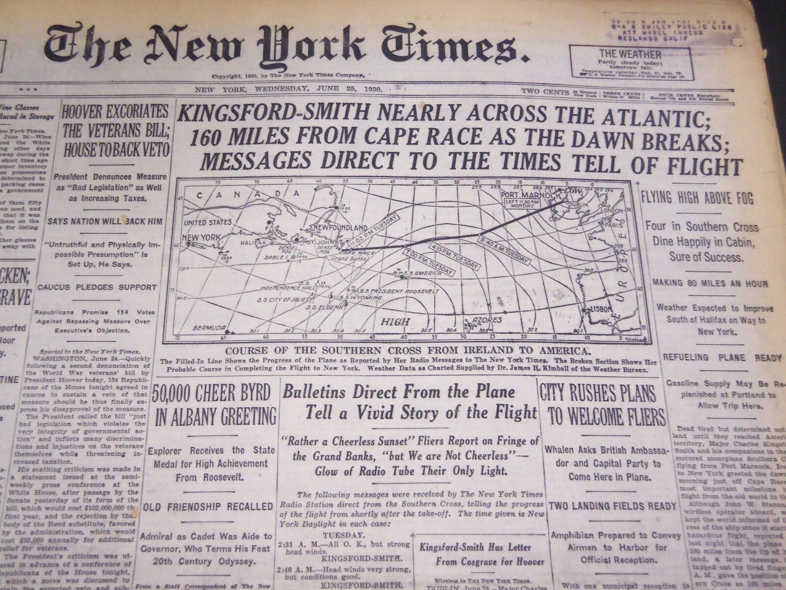 1930 JUNE 25 NEW YORK TIMES -KINGSFORD-SMITH NEARLY ACROSS THE ATLANTIC- NT 4937