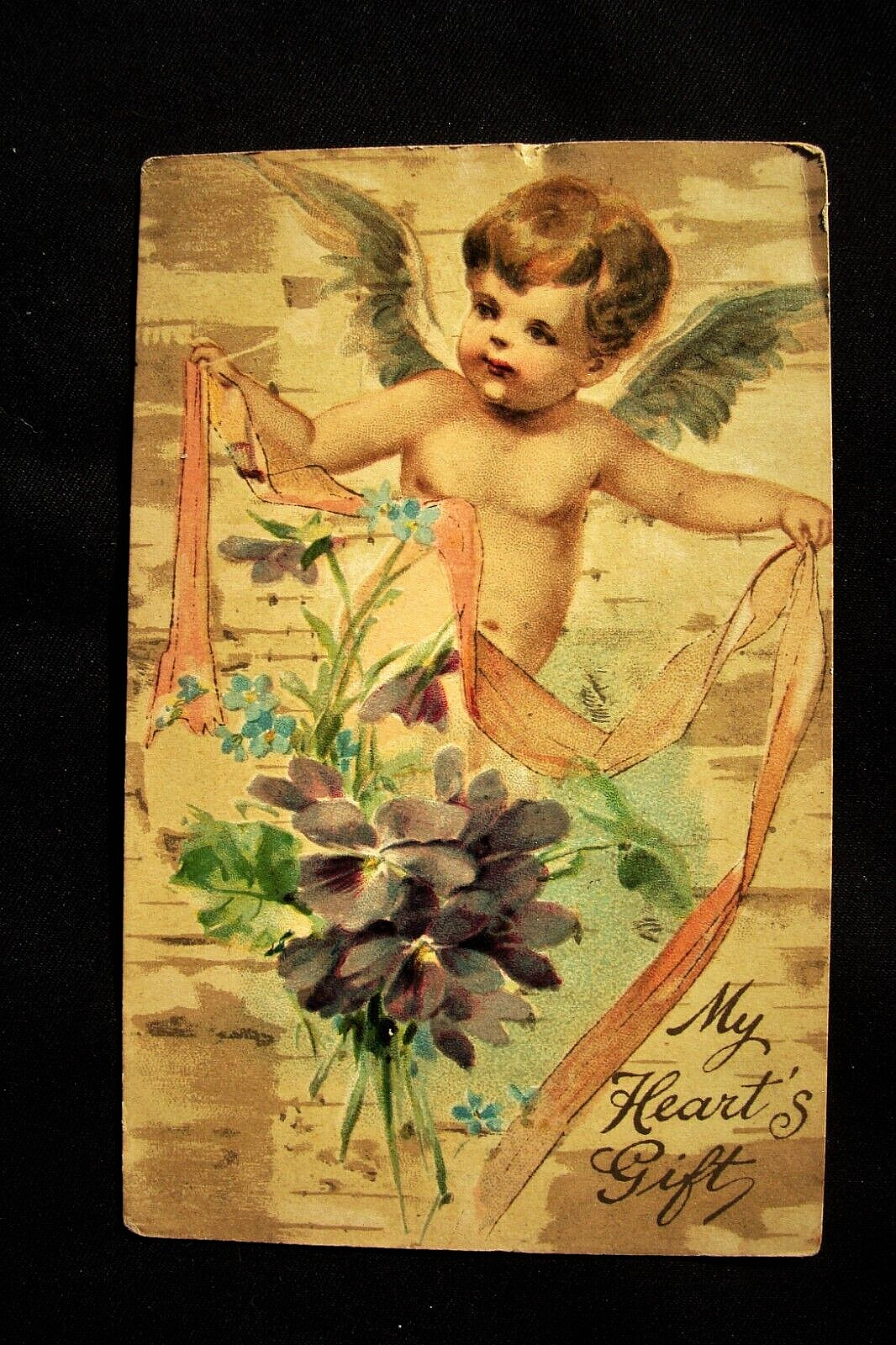 Flying Cupid Ribbon Purple Violets Tree Bark Background Valentine Postcard