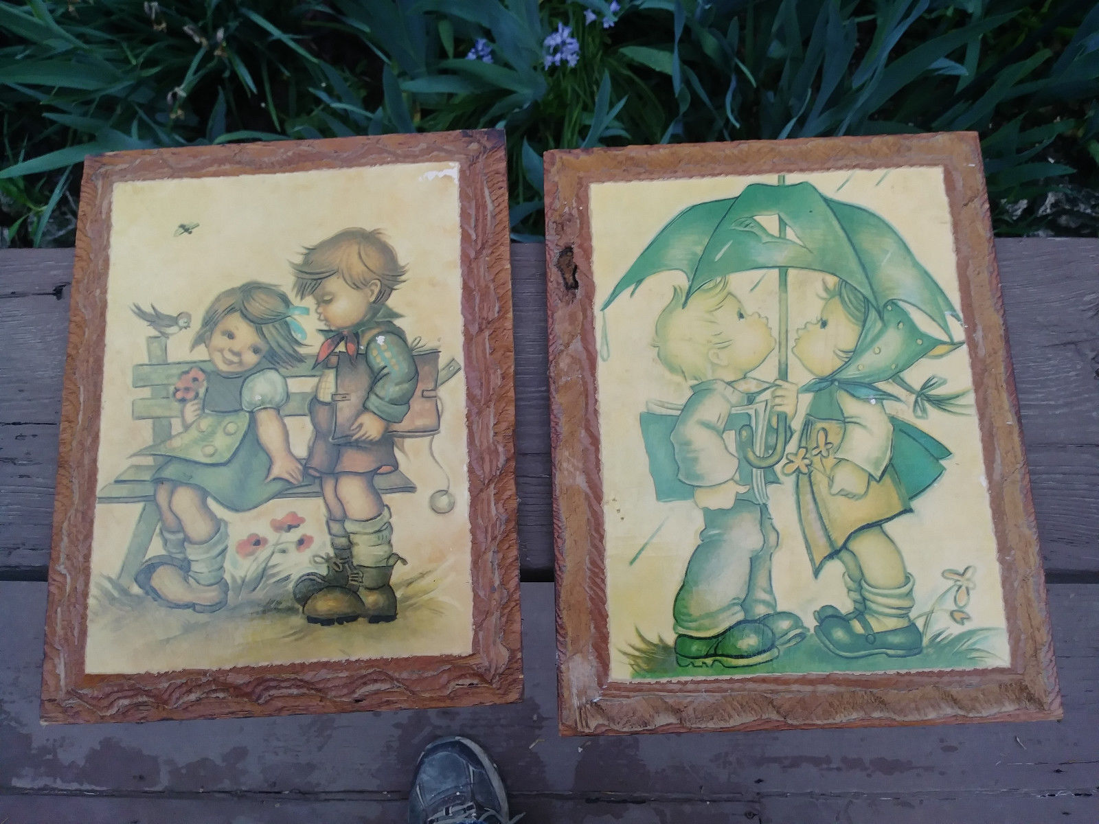 2 Vintage Hand Made Decopage Wood Picture, children theme