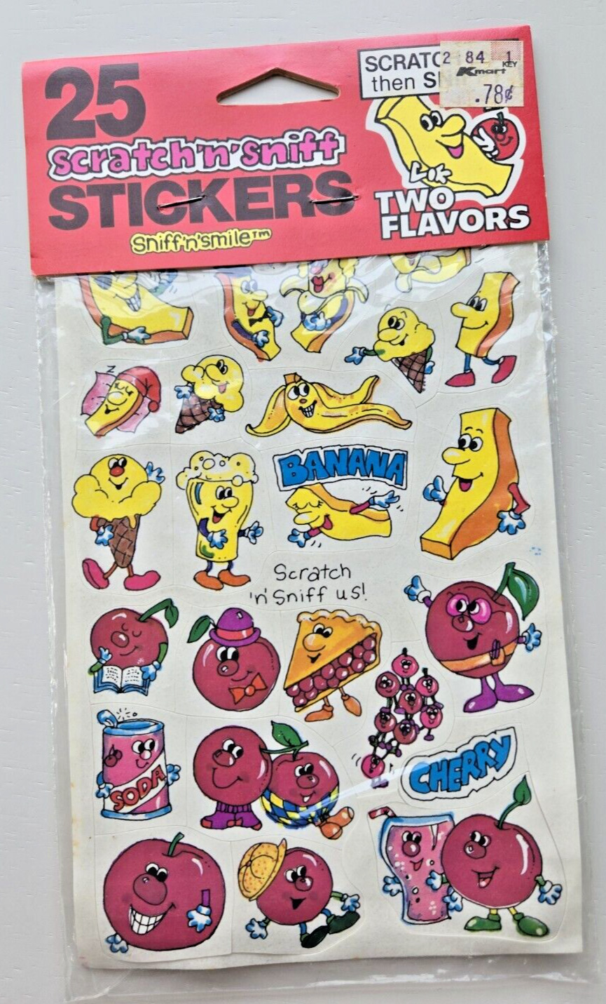 Vintage 80s Scratch n Sniff Stickers Cherry Banana Fruit Food RARE Smiley Faces