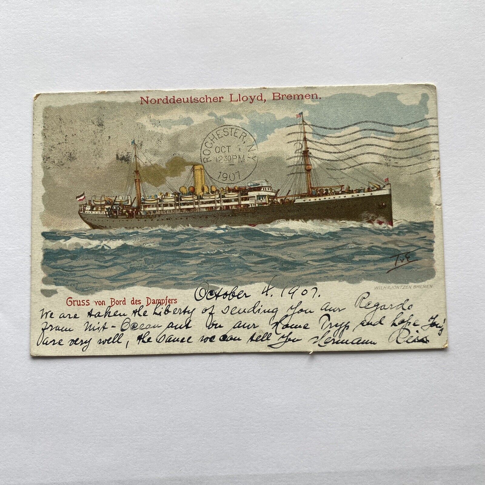 Norddeutscher Lloyd Bremen Gruss Von Bord Des Dampfers Ship Postcard Posted 1907