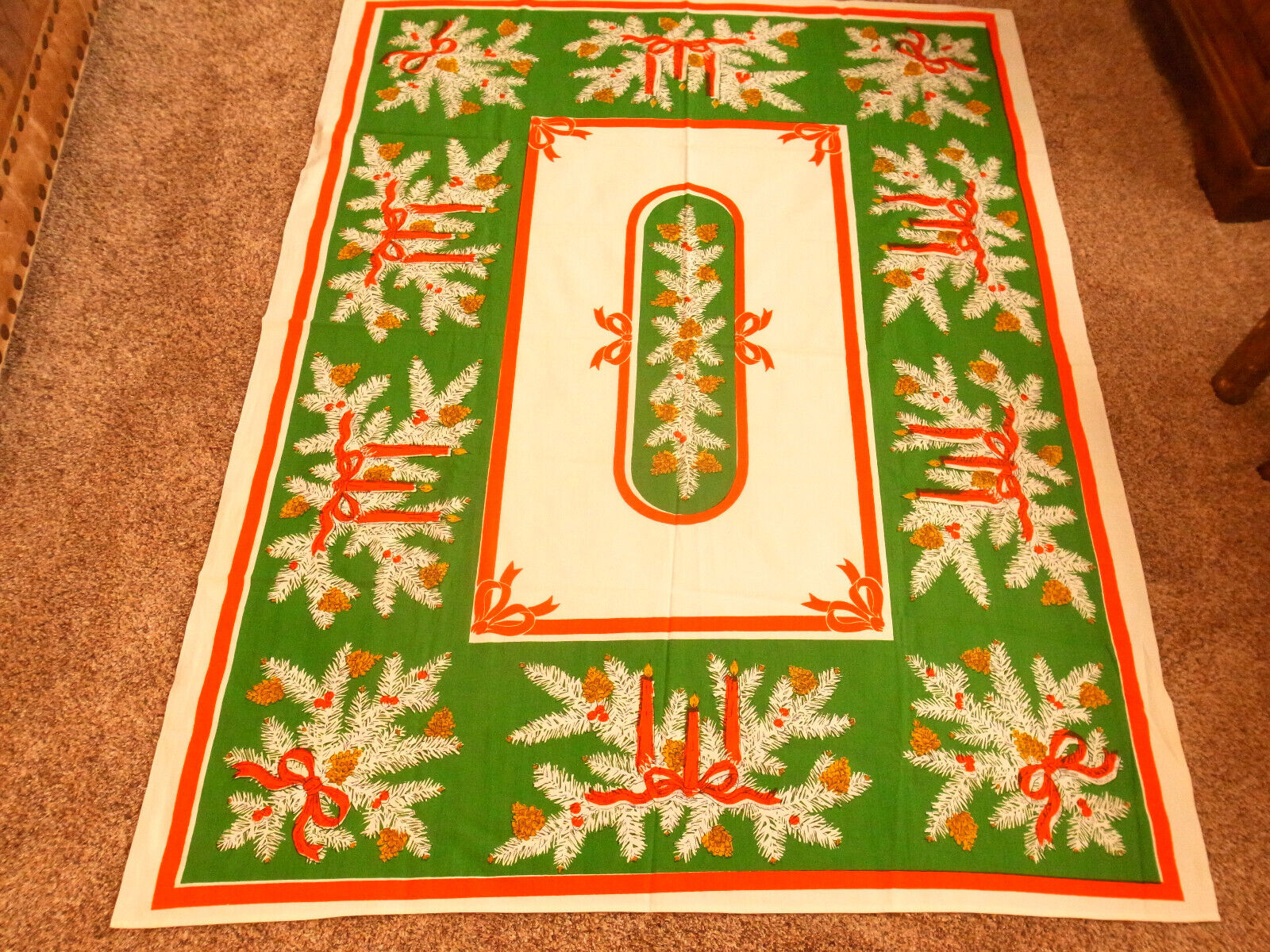 Vintage Fallani & Cohn for Ryan Christmas 51 x 61 Linen Tablecloth-Candles Pine+
