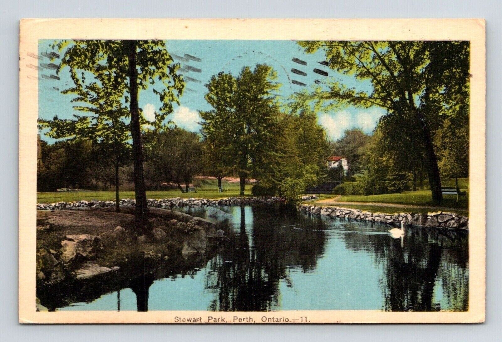 Stewart Park Perth Ontario Canada Reflections Cancel 1939 PM Vintage Postcard