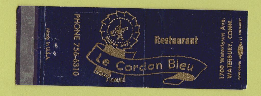 Matchbook Cover - Restaurant Le Cordon Bleu Waterbury CT Full Length