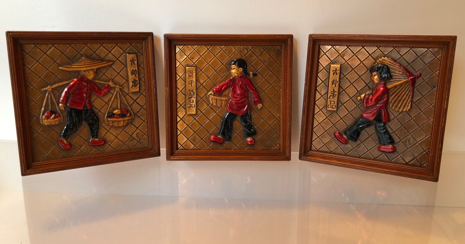 3pc Vitg 1940-50s~JAPANESE~ASIAN~WALL PANELS~HAMMERED COPPER RELIEF METAL~FRAMED