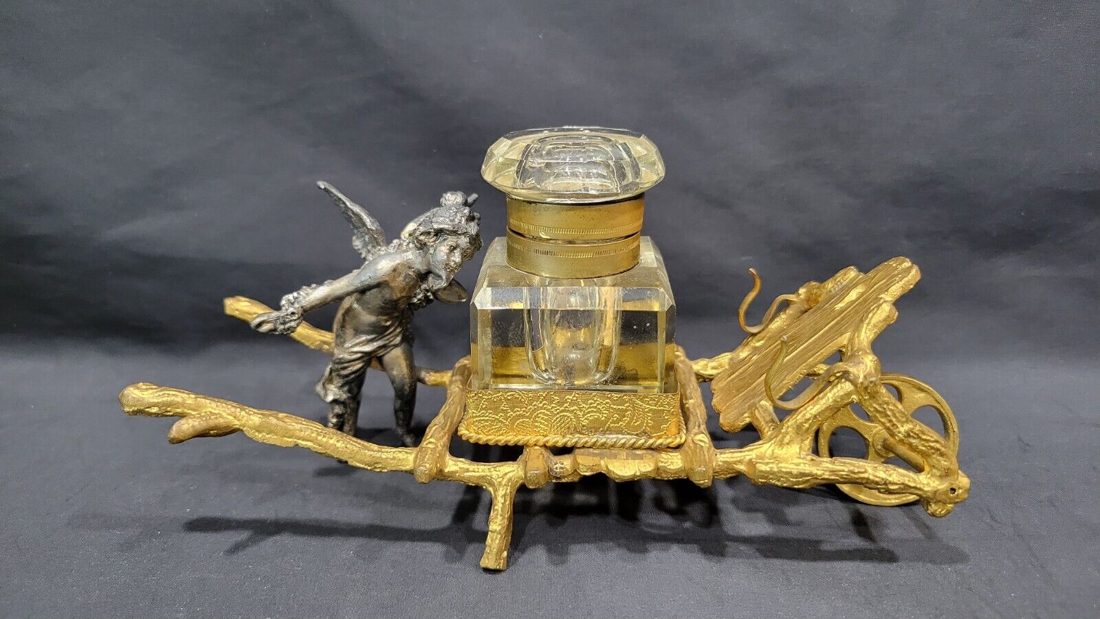 Rare Antique Silver FAIRY with Brass One Wheel Cart Inkwell