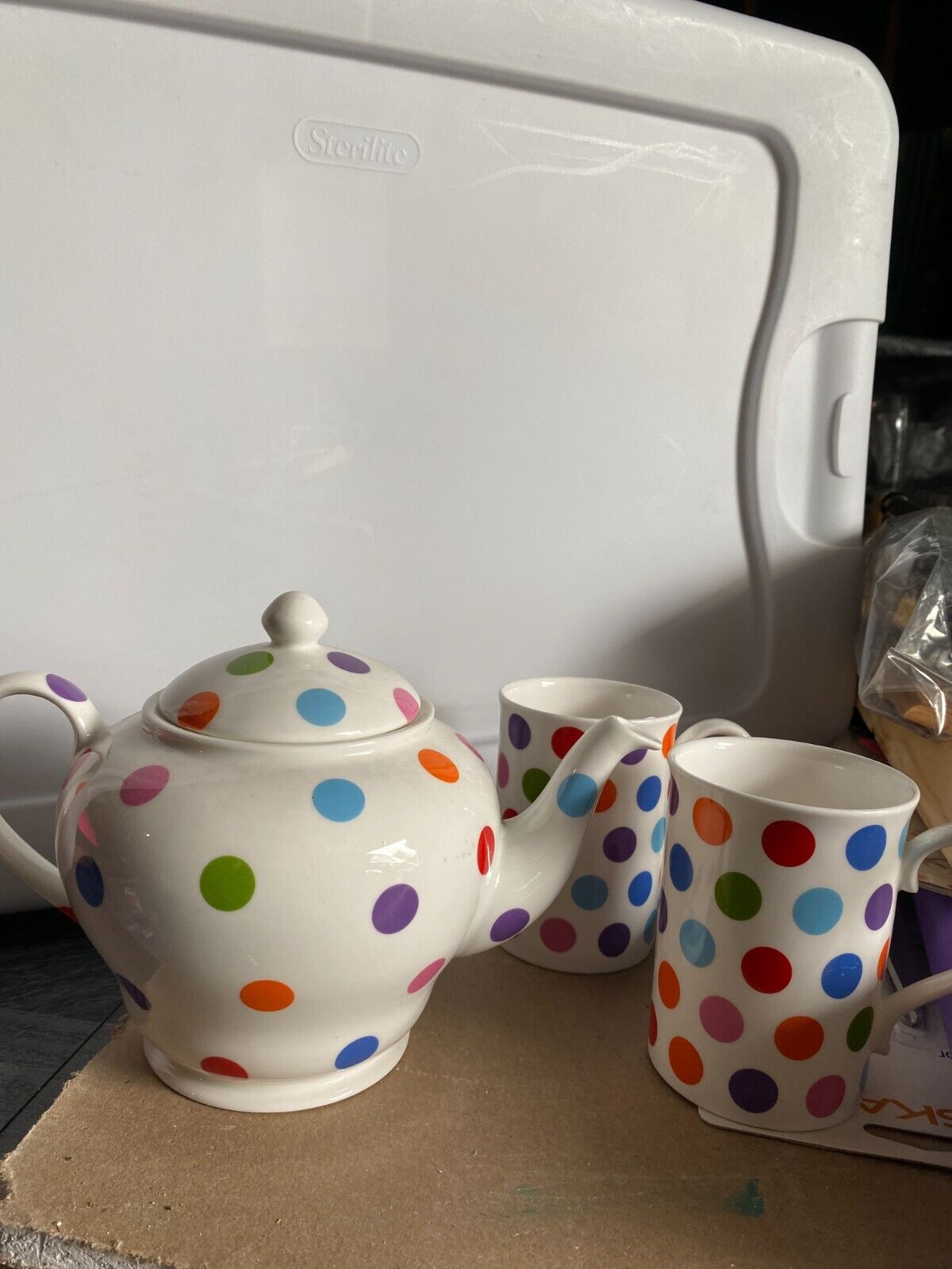 Polka Dot Teapot and 2 teacups Staffordshire Fine Bone China NEW Made in England