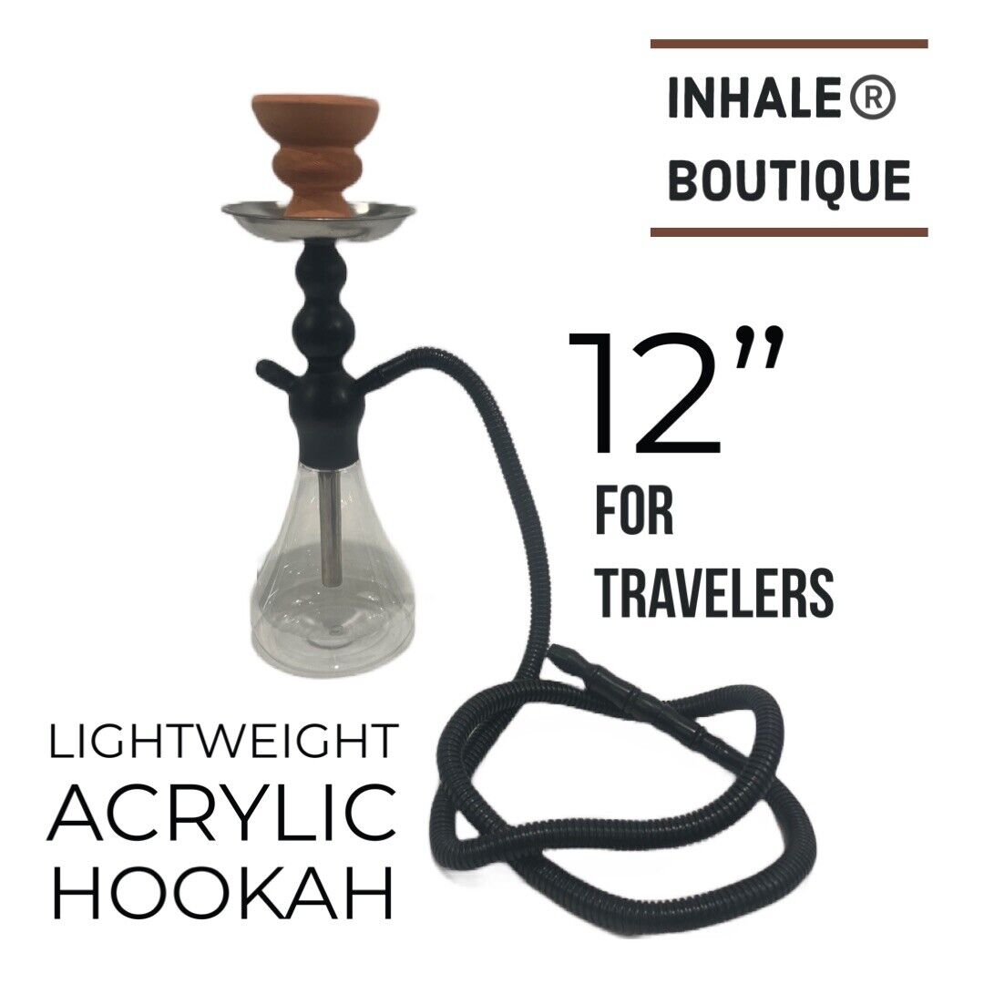Lightweight Acrylic Hookah Set “UNIQUE” BLACK 12”/ Traveler Size / Unglazed Bowl