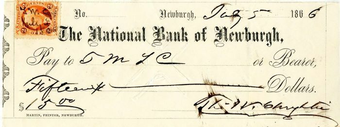 National Bank of Newburgh - 1860\'s-1880\'s dated New York Check - Checks