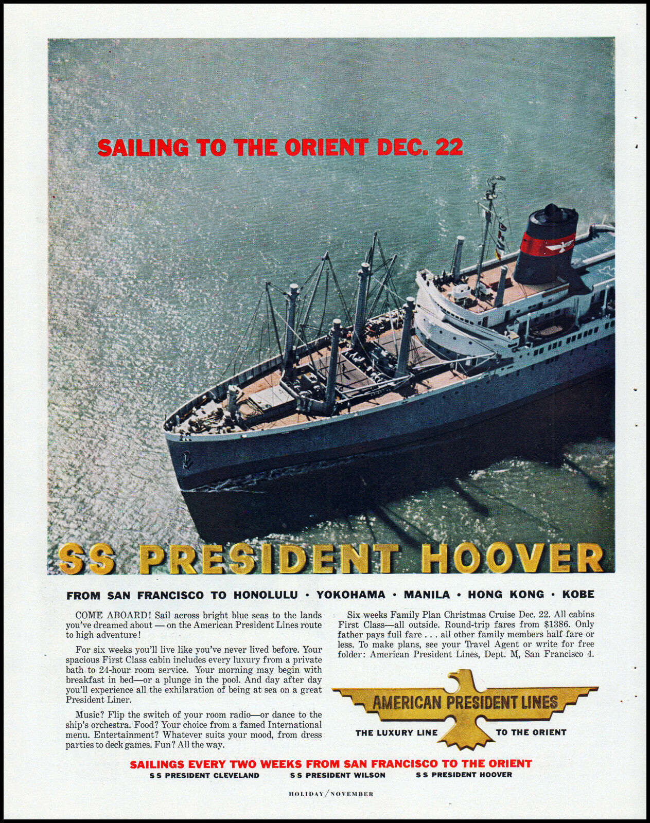 1958 SS President Hoover American Presidents Line retro photo print ad L37