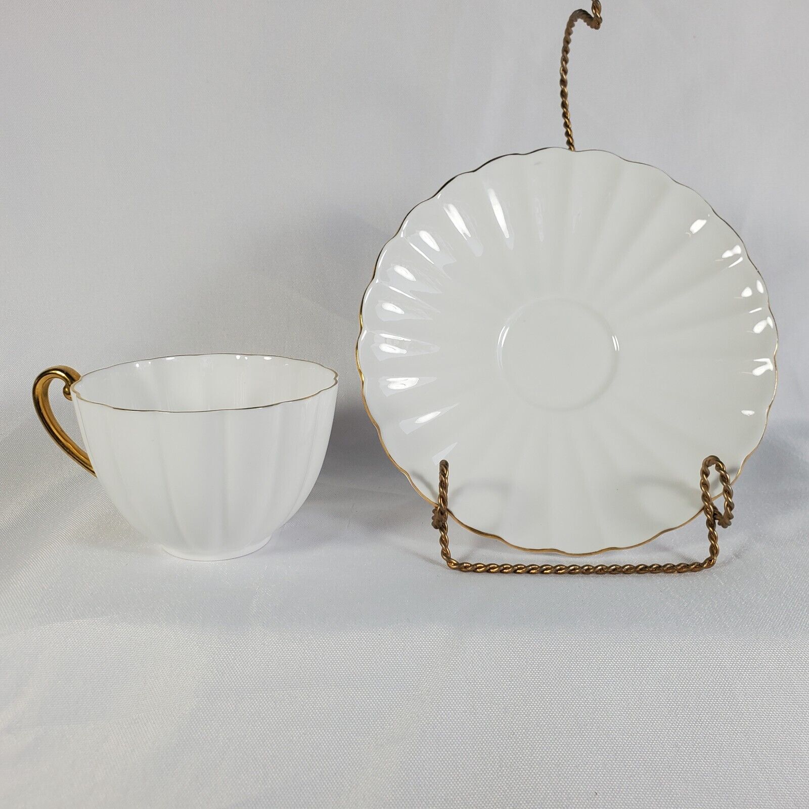 Shelley Scalloped Teacup and Saucer set White with Gold trim Fine Bone China