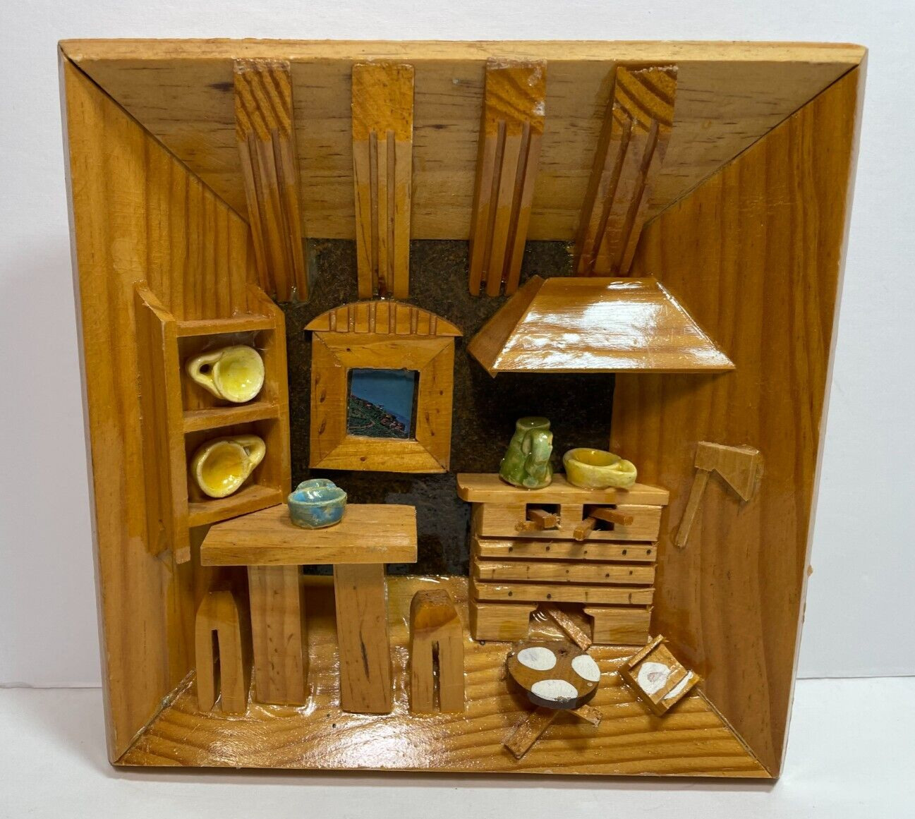 Vintage Hand Carved Log Cabin Wooden Shadow Box Diorama Folk Art Wall Art