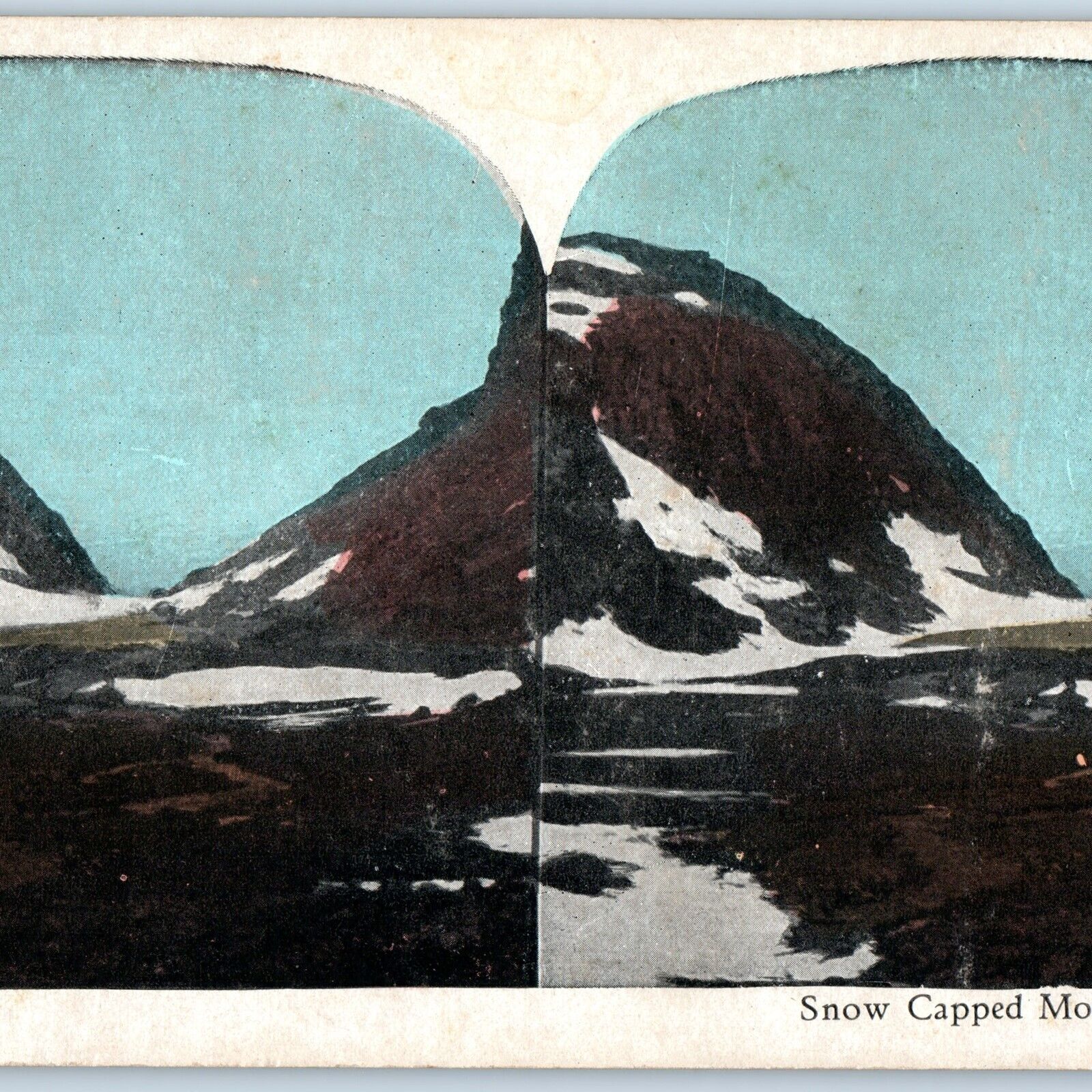 c1900s Unknown Snow Capped Mountains Artistic Stereoview Blue Hand Colored V37