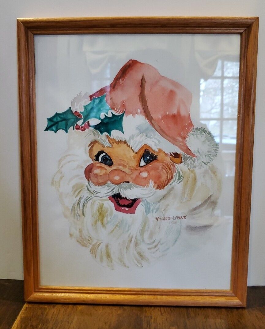 Vintage Santa Claus Watercolor Painting Signed Framed Christmas Wall Art 15x12